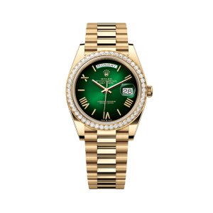 Day-Date 40 228348RBR Yellow Gold Green Ombre Roman Numeral Dial Diamond Bezel (2024)