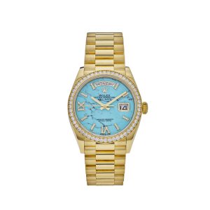 Day-Date 36 128348RBR Yellow Gold Diamond Bezel Turquoise Diamond Dial