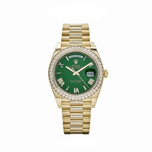 Day-Date 40 228348RBR Yellow Gold Green Roman Numeral Dial Diamond Bezel (2024)
